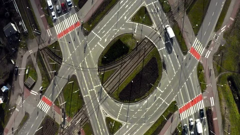 Aerial: Large Roundabout with Intersections in City Stock Footage 127646422