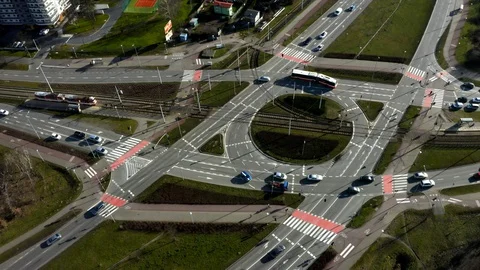 Aerial: Large Roundabout with Intersections in City Stock-Footage 127646497