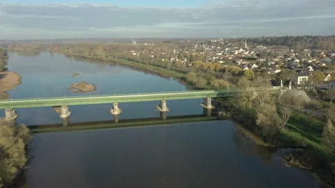 Aerial large view of bridge of Briare crossign la loire river Stock Footage 144635385