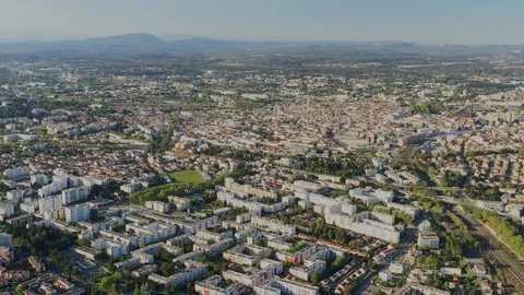 Aerial large view of differents districts of Montpellier, dowtown and suburbs Video stock 128402546