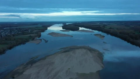 Aerial Large view of sandbar in La Loire River Video stock 144635342