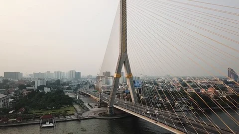 Aerial of the Largest Bridge in Bangkok, Side Panning Motion Stock-Footage 123715103