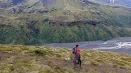 Aerial Lateral Shot Of Couple Of Hikers On Thorsmork Mountain Ridge Trail In Stock Footage