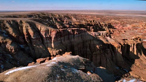 Aerial Of Layered Limestone Cliffs At Tsagaan Suvarga Site Mongolia Stock Footage 333580242