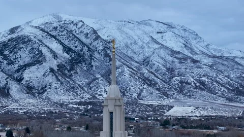 Aerial LDS Temple spire Payson Utah mountain circle 4K Video stock 300752268