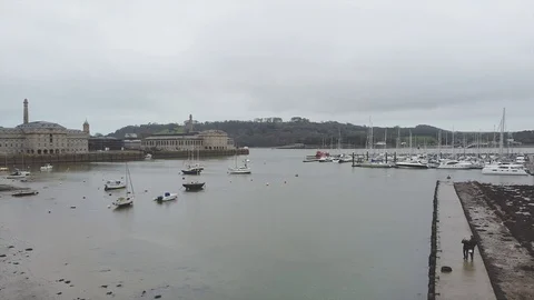 Aerial with left rotation of harbour Stock Footage 122216524