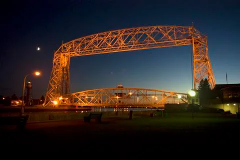 Aerial Lift Bridge Lighted at Night Stock Photos
