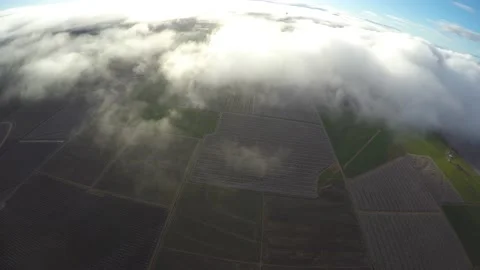 Aerial light plane flying over orchards and  clouds at sunset Stock Footage 237828601