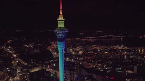 Aerial: Light show of sky tower, bridge and fireworks, Auckland city, New Stock-Footage 167996765