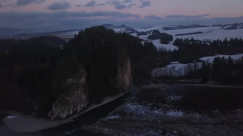 Aerial. Limestone rocks over mountain river. Video stock 147633087