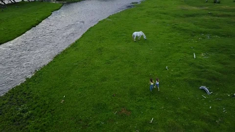 Aerial. little girls run through a meadow. children playing and having fun Stock Footage