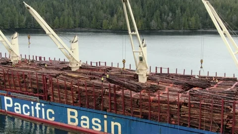 Aerial: Loading Logs onto a bulk freighter Stock Footage 149900091