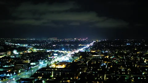 Aerial Lockdown Beautiful View Of Illuminated Buildings In City During Fireworks Stock Footage 255403322
