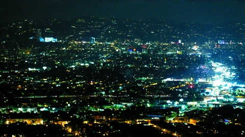 Aerial Lockdown Beautiful View Of Illuminated City Landscape During Fireworks Stock Footage 255410861