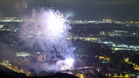 Aerial Lockdown Shot Of Fireworks Display In Illuminated Residential City At Stock Footage 264046725
