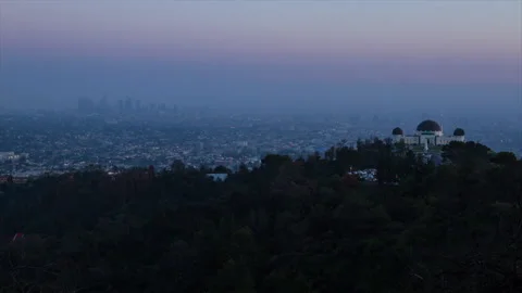 Aerial Lockdown Time Lapse Shot Of People At Griffith Observatory On Mountain In Stock Footage 206320225