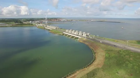 Aerial locks in Afsluitdijk causeway,Den Oever,Netherlands Stock Footage
