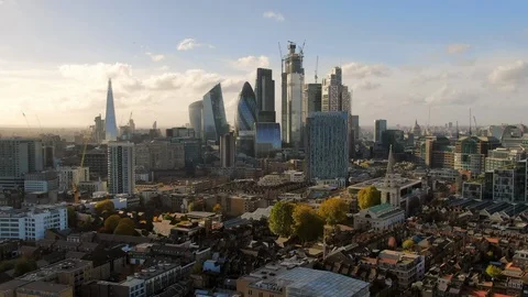 Aerial of London Cityscape and Skyscrapers on Sunny Day, United Kingdom Stock Footage