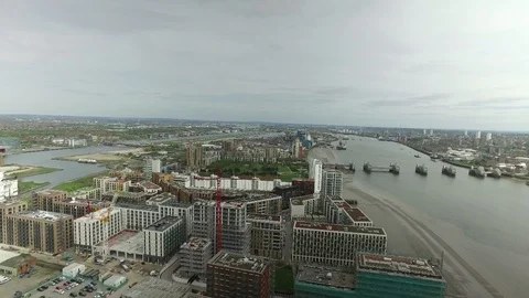 Aerial London Docklands development Stock Footage 94567249