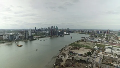 Aerial London Docklands developments Stock Footage