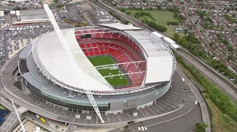 Aerial London - Wembley Stadium CU of name on seating area Stock Footage