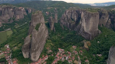 Aerial Long Flight Over Rocks toward Monasteries in Meteora, Kastraki, Kala.. Stock Footage 334893442