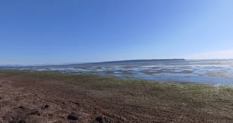 Aerial long push across tidal flats then ascend to see mountain Stock Footage 86331836