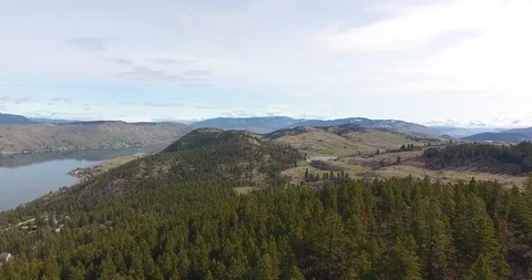 Aerial long push across trees towards fields and lakes with mountains in b/g Stock Footage 88454782