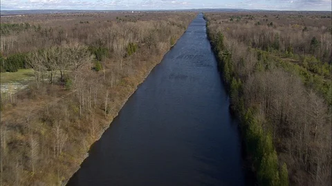 Aerial of long river passing through the forest, Very straight river, New York Stock Footage 109138415
