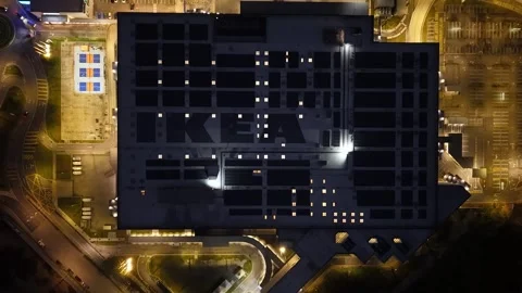 Aerial look down IKEA store in night Video stock 332092293