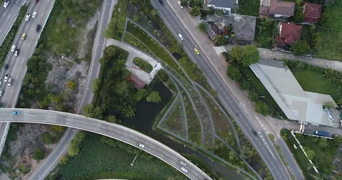 Aerial look down view vehicle movement on intersection road Stock Footage 97495786