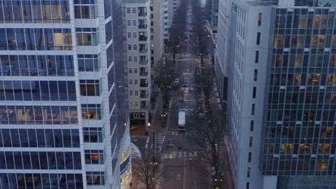 Aerial - Looking Down on Bus and cars on busy city streets Stock Footage 147027615