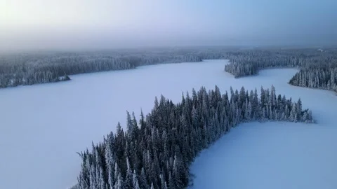 Aerial looking down onto a frozen snow covered lake surrounded by frosty trees Stock Footage 230919933
