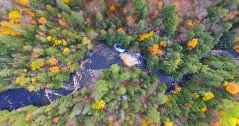 Aerial looking down at river gorge surrounded by forest Stock Footage 162924400
