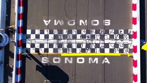 Aerial looking strait down on finish line at Sonoma Raceway Video stock 112582436