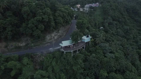 Aerial of lookout structure overlooking Soufriere and the Pitons of S. Lucia 스톡 동영상 308722892