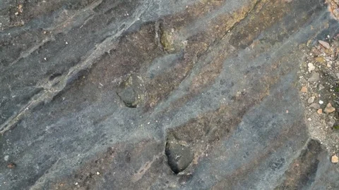Aerial looks down on bipedal dinosaur tracks left millions of years ago Stock Footage 325752525