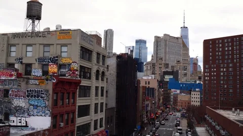 Aerial low angle shot of iconic NYC street with skyscrapers buildings in NYC Stock Footage 122533756