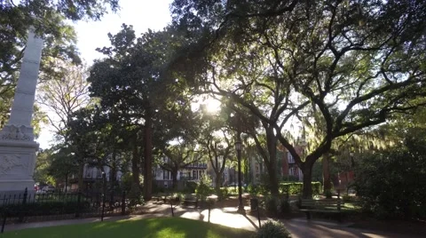 Aerial Low Angle Shot Pushing into Town Square Park in Downtown Savannah, GA Stock Footage 57705729