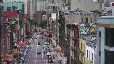 Aerial low angle view of skyscrapers buildings in New York City Manhattan.  USA Stock Footage 224366366