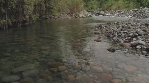 Aerial. A low drone view of a shallow river flowing. HD Stock Footage 139065248