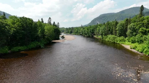 Aerial low flight over river flowing through green forest valley in Saguenay Stock Footage 345677156