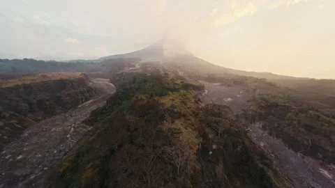 Aerial low forward dynamic view frozen rocky lava magma green bush canyon foot Vidéo 252892137