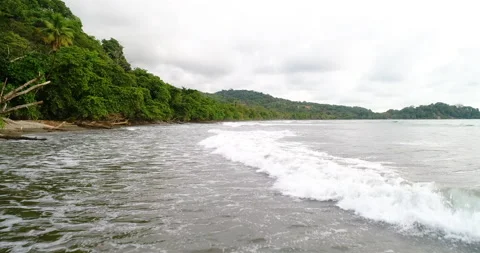 Aerial Low Over Surf Waves Beside Natural Lush Jungle Coastline On A Cloudy Day Stock Footage 135287798