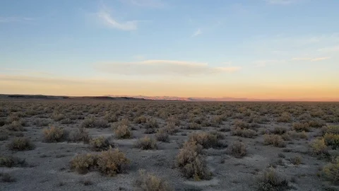 Aerial-Low pull back over desert vegetation at sunset Stock Footage 120360018