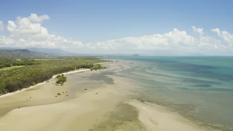 Aerial, low tide and huge sand ocean bed and mangroves growing in Queensland  Stock Footage 107195877