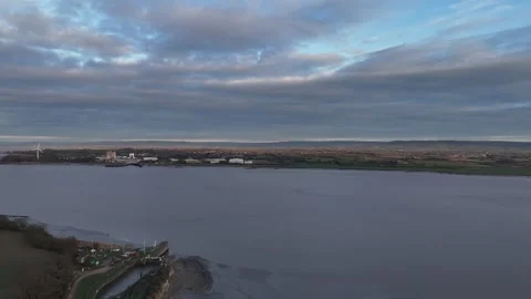 Aerial of Lydney Dock looking over River Severn to Sharpness. Stock Footage 262763030