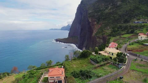 Aerial of Madeira dramatic cliffs reveal near Faial Video stock 329185218
