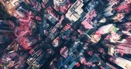 Aerial. Magnificent Large City View With Skyscrapers And Red Light. Toned Image Stock Footage