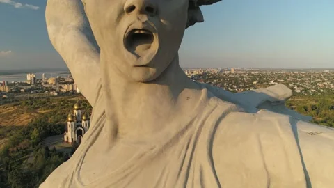 Aerial main monument soviet union historical memorial Volgograd sunset cityscape 스톡 동영상 146835261